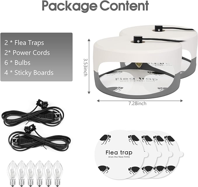 2 Pack Flea Traps for Inside Your Home, Indoor Flea Light Bed Bug Killer with 6 Light Bulb & 4 Sticky Pads Refills, Odorless Natural Insect Infestation Trap for Kid Pet, Safer Than Sprays & Powders