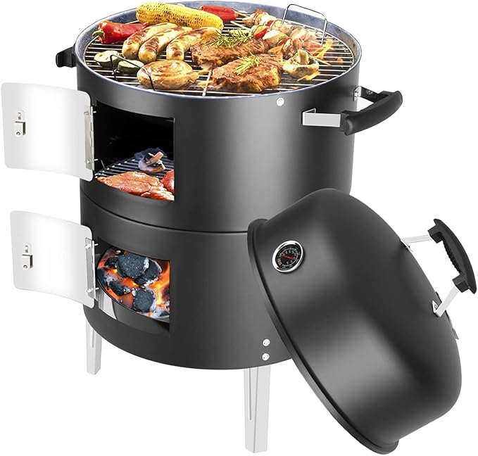 Charcoal BBQ Grill, Heavy Duty 3-in-1 Barbecue Smoker Grill for Garden Camping Outdoor Cooking and Grilling