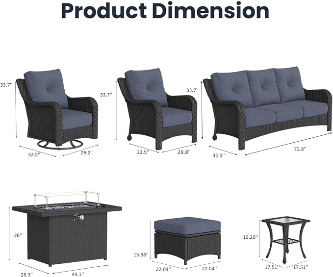10 Pieces Outdoor Patio Furniture Sets with Rocking Swivel Chairs with 6-inch Thick Cushion and Fire Pit Table for Deck Lawn