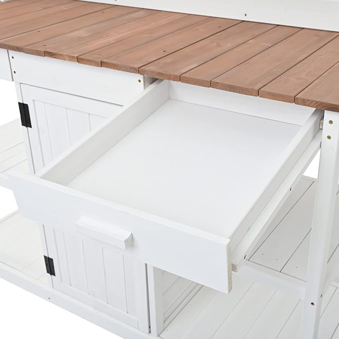 Outdoor Wooden Potting Bench Table β Farmhouse Garden Workstation with Drawers, Cabinet & Storage Shelves, Large Fir Wood Work Table for Patio, Backyard, Mudroom, Greenhouse (White, 66'' H)