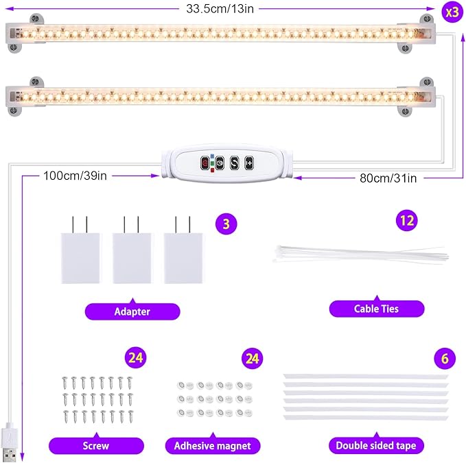 LED Grow Light Strips, Full Spectrum 3500K Plant Growing Lights for Indoor Plants, Plant Lamp for Hydroponics Succulent with 3/9/12H Timer, 10 Dimmable Levels, 3 Head 13 Inches (2 Strip 3 Pack)