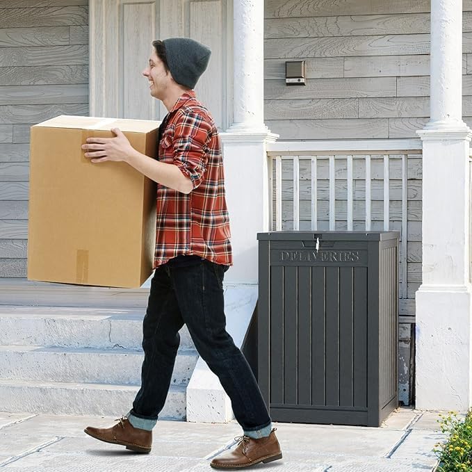 48 Gallon Resin Package Delivery Box - Rust & Moisture Resistant, Lockable, Waterproof Deck Box for Porches, Patios, Indoor & Outdoor Use (Blcak, 48 GAL)