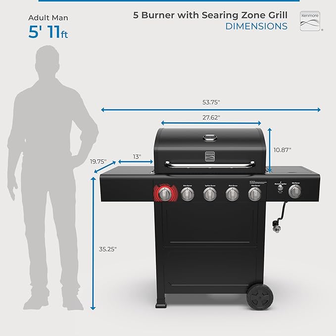 Kenmore BBQ Propane Gas Grill - 5 Burners with Side Burner & Searing Zone, 644 Sq. In. Stainless Steel Grill, 66,000 BTU, Ideal for Outdoor Cooking, Patio & Backyard, Black