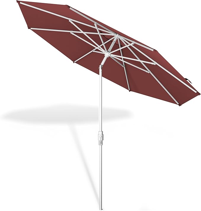 Midtown Umbrellas The Swilt 8 Feet Patio Umbrella in Terylast Cherry (Burgundy) Polyester Fabric - Fiberglass Ribs, Auto-Tilt Aluminum Frame For Backyard, Deck, Garden, Pool - White Pole