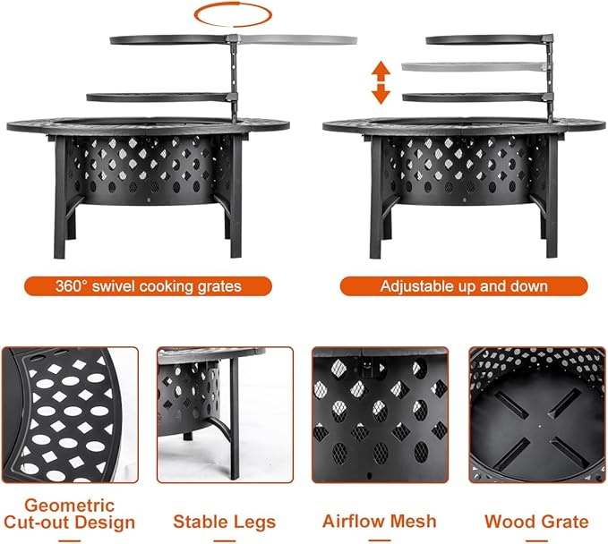 42 Inch Fire Pit with 2 Grills, Extra Large Wood Burning Fire Pits for Outside with Lid & Poker, Heavy Duty Firepit,BBQ& Outdoor Firepit & Round Metal Table 3 in 1 for Patio, Picnic, Party