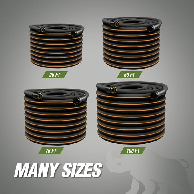 Rugged Rhino Heavy Duty Flexible Light Weight Garden Hose, 100ft x 5/8in, 4 Layer Leakproof Outdoor Gardening Tools, Watering Supplies, Powerful Water Pressure for Lawn, Flowers, Black Orange