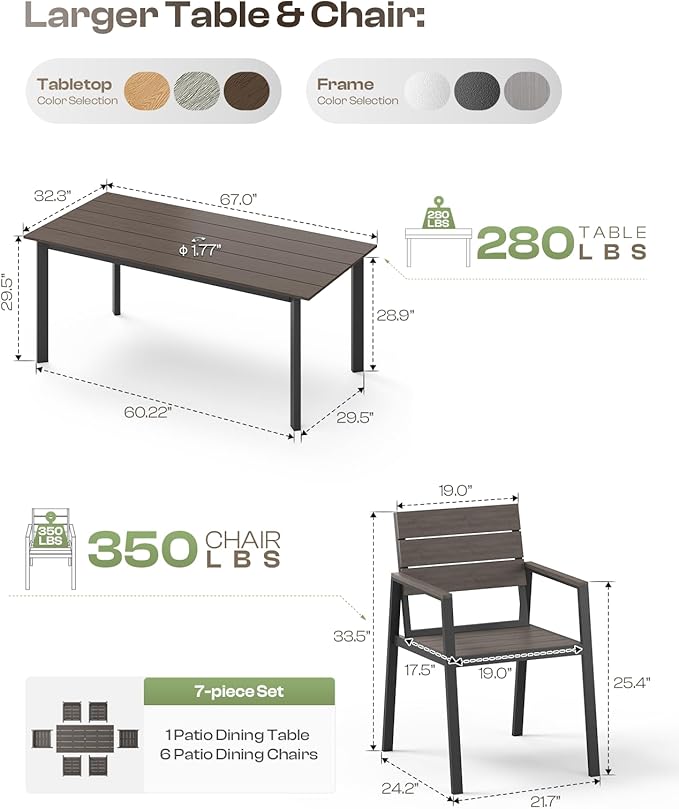 Outdoor Patio Dining Table Sets 7-Piece Aluminum and HDPS All-Weather Table and Chairs with Umbrella Hole, Patio Modern Furniture Sets for Garden, Backyard (Charcoal)