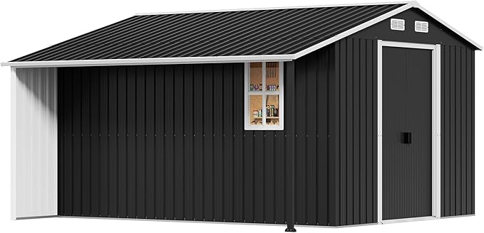 Jocisland Outdoor Storage Shed 10.6x10.3x6.3 FT, Sliding Door Shed with Two 4-Pane Windows for Wood Storage, Dark Grey/White