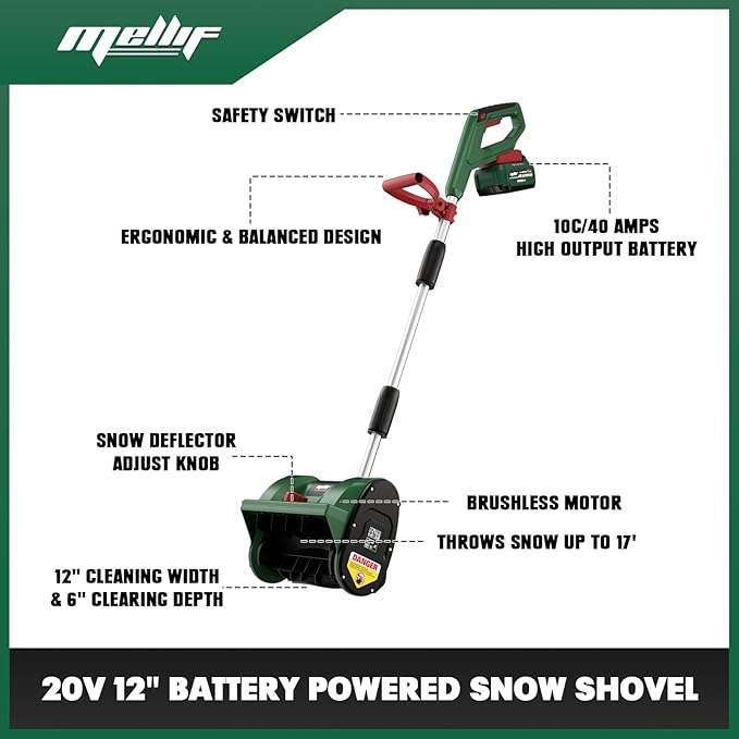 Mellif Cordless Snow Shovel, 12-Inch Brushless Snow Blower Compatible with Makita 18v Battery, Includes 4.0Ah Battery & Charger Kit, Lightweight with Adjustable Chute, Weather-Resistant