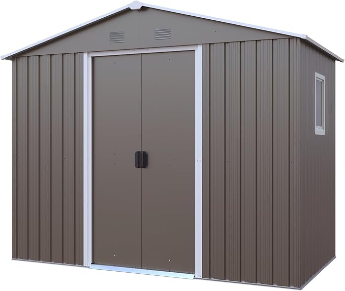 4x8 FT Outdoor Storage Shed, Metal Garden Shed with Frame Floor, Outside Tool Shed with Window, Waterproof Storage Building with Lockable Sliding Doors & Sloped Roof for Backyard, Patio, Warm Gray