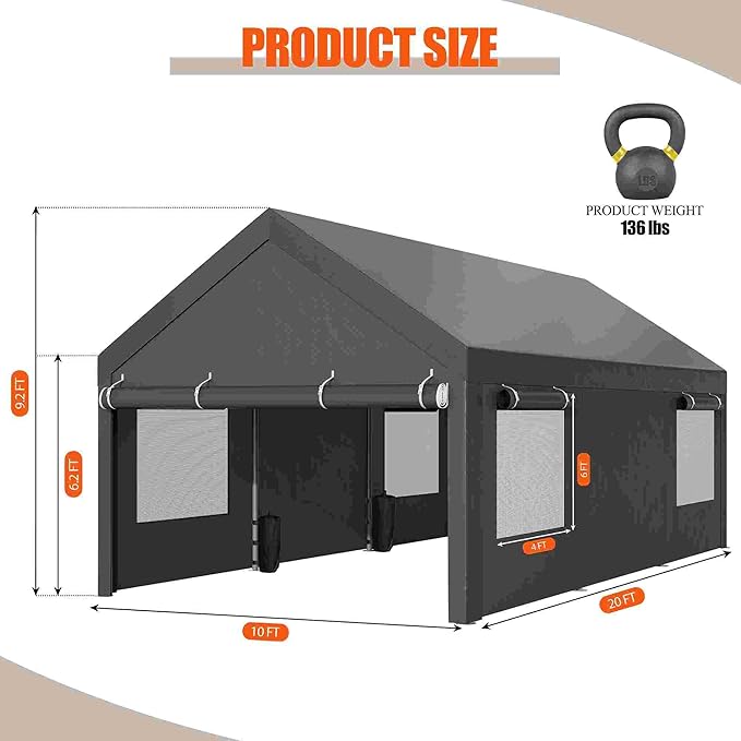 JAMFLY Carport, 10x20 ft Heavy Duty Carport with Roll-up Windows, Portable Garage with Removable Sidewalls & Doors, Car Canopy with Sandbags and All-Season Tarp for Car Boat Truck Motorcycle, Grey
