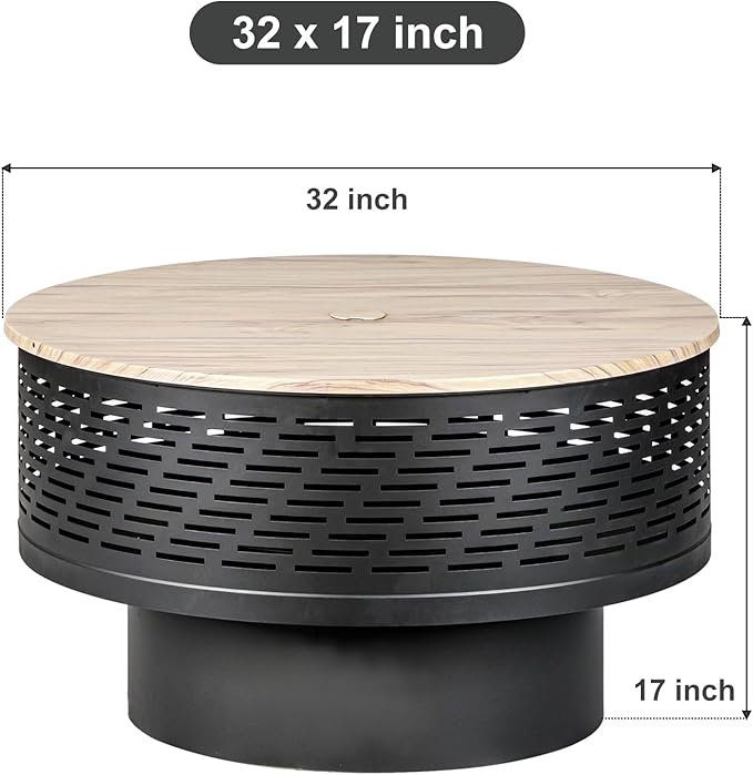 32" Wood Burning Fire Pits with Grill & Lid, Fire Pit Table for Outside with Waterproof Cover & Fire Poker, Outdoor Firepit with Functions for BBQ,Table and Bonfire