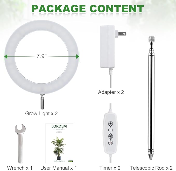 LORDEM Grow Light, 7.9" Full Spectrum LED, Adjustable Height, Auto Timer 4H/8H/12H, 6 Dimmable Levels, Ideal for Large Tall Plants, 2 Packs