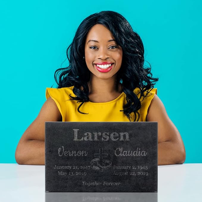 PlaqueMaker Black Granite Memorial Headstone for Two Lost Loved - Great for Your Garden, Tree Dedication, or in a Cemetery. Includes Your Text and Select Clipart (16 x 10 x 2)