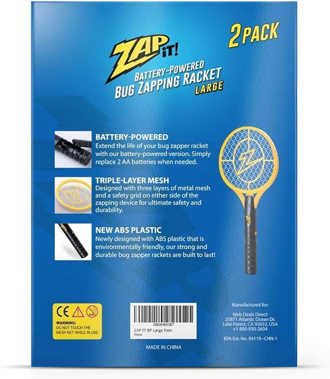 Zap It Bug Zapper Battery Powered (2xAA Included) Bug Zapper Racket, 3,500 Volt, 2 Pack