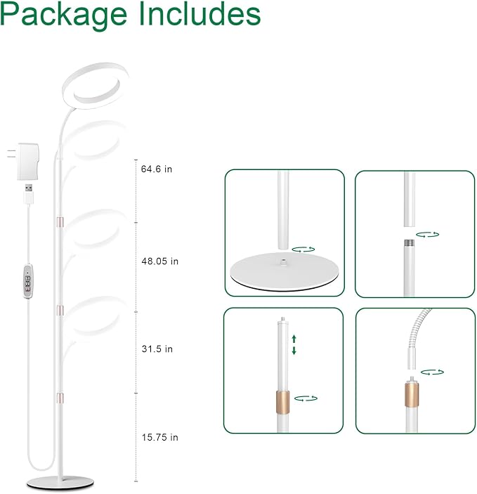 LBW Full Spectrum Grow Light with Stand – Auto Timer (4/8/12H), 4 Dimmable Levels, Adjustable Height (48.8-64.6"), Ideal for Large Indoor Plants, White