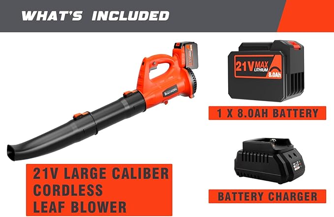 Blütezeit Cordless Leaf Blower with 21V 8.0Ah Battery and Charger, Battery Powered Electric Leaf Blower 400CFM 150MPH with 6 Variable Speeds, Lightweight for Lawn Care & Yards