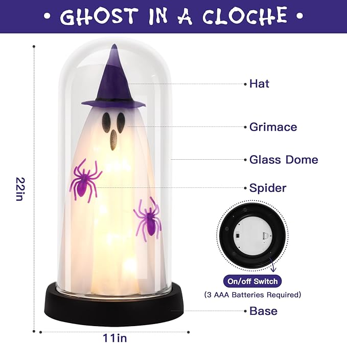 Halloween Decor-Halloween Decorations Indoor-Light Up Ghost in Glass Cloche-Cute Ghost with Light for Home Kitchen Mantel Tabletop Party Decor- Ghost-Purple