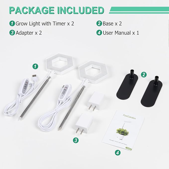 FOXGARDEN Plant Light, 84LEDs Grow Light for Indoor Plants, Full Spectrum Desk Growing Lamp with Detachable Base, Height Adjustable 7.8"-26" with Auto Timer 4H/8H/12H, 4 Dimmable Brightness, 2 Pack