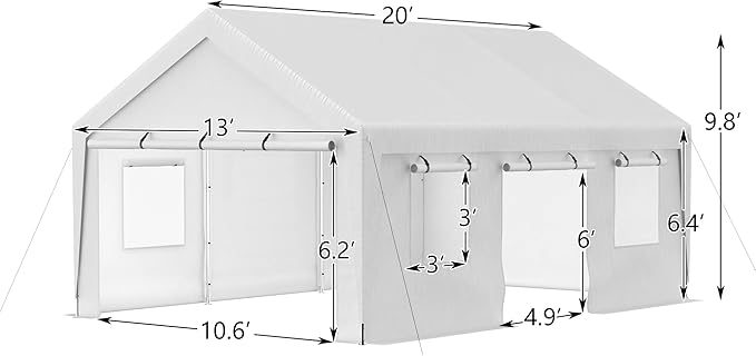 Carport 13x20ft Portable Garage Canopy Heavy Duty Car Port with Mesh Windows and Removable Sidewalls UV Resistant Waterproof All-Season Tarp for SUV, Boat, Truck White
