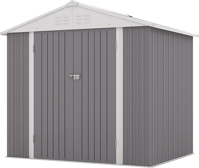Patiowell 8x6 FT Outdoor Storage Shed, Garden Storage Shed with Sloping Roof and Double Lockable Door, Outdoor Shed for Backyard Garden Patio Lawn, Gray