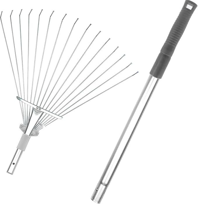 Buyplus Adjustable Garden Leaf Rake - 24 to 63 Inch Telescopic Metal Expandable Folding Leaves Rake, Metal Rakes for Leaves, Yard Rakes for Lawn Yard, Flowers Beds, Sliver
