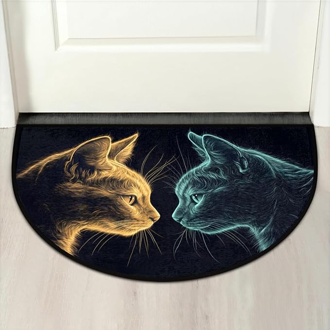 cfpolar Non-Slip Soft Half Round Door Mat, Cartoon Cat Animal Semicircle Mat for Indoor Entrance Garage Bath Living Room Patio 24 x 36 in