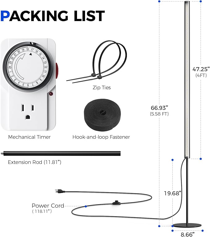 Barrina T1S Standing Grow Light for Indoor Plants with Timer, 65W 660nm High PPFD Full Spectrum, Tera Series Vertical Grow Lights Adjustable Height 5FT-5.6FT, Foot Switch, Non-Glare Design, Black