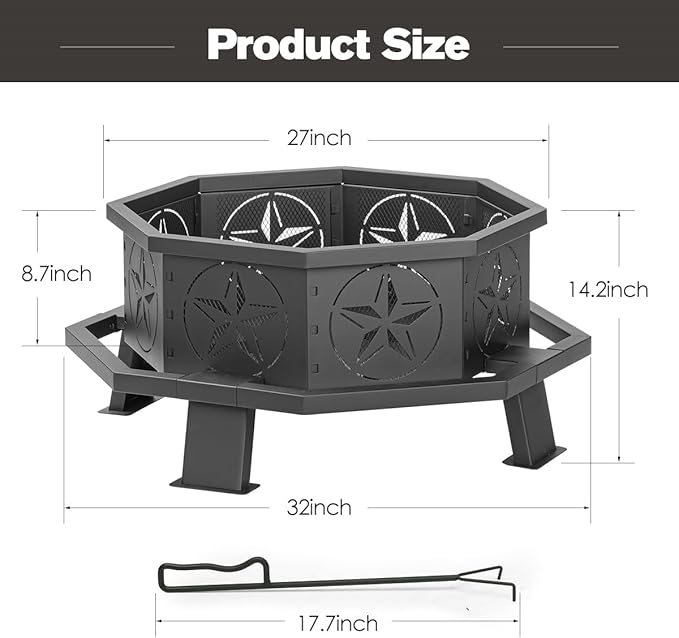 32 Inch Octagonal Outdoor Fire Pit,Wood Burning Fire Pit with Fire Poker,Firepits for Outside Bonfire,Camping,Backyard, Garden,Patio