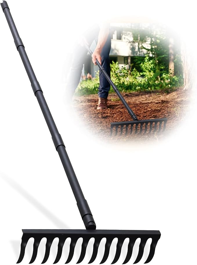 Pragmatist Bow Rake Heavy Duty 60" Metal Head Garden Rake with Adjustable Stainless Steel Handle Garden Tool for Loosening Soil Leveling Mulch Gathering Leaf
