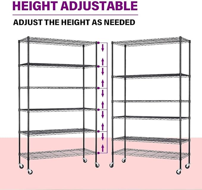FDW 48"L×18"W×82"H Wire Shelving Unit Storage Cart Metal Shelf Rolling Utility Cart 2100Lbs Capacity with 6 Tier Casters Adjustable Layer Rack Strong Steel for Restaurant Garage Pantry Kitchen,Black