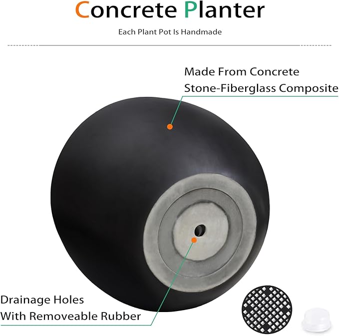 Ball Concrete Planter Outdoor Indoor, Large Tall Cement Plant Pots for Trees Flowers (Black, 16 inch)