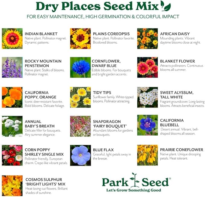 Park Seed Grow Your Own Vibrant Annual and Perennial Wildflower Garden Mixture, Easy to Grow Varieties for Pollinators and Spring Gardens - Dry Places Mix, 50 lbs