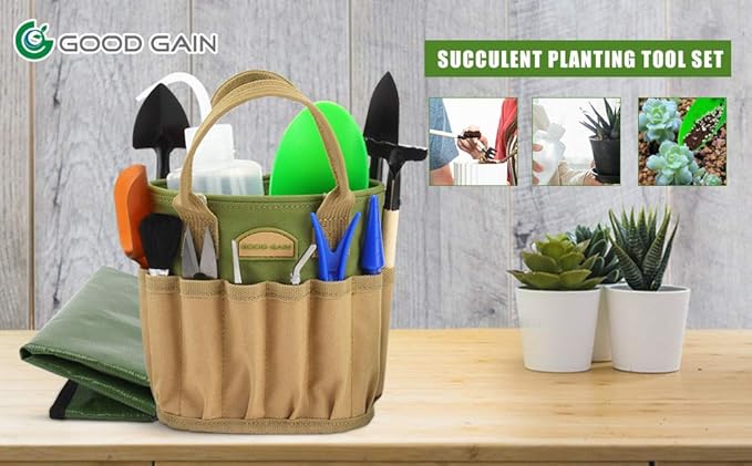13 Pieces Succulent Tools Kit with Organizer Bag, Gardening Tool Set with Tote,Mini Succulent Garden Tool Kit Succulent Bonsai Planter Set Indoor Gardening,Miniature Indoor Fairy Planting Care Green