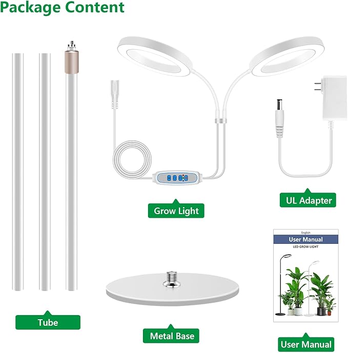 Large Plant Light for Indoor Plants, 2 Head Full Spectrum Grow Light with 68" Adjustable Stand for Growing Large Tall Plants, White Halo Floor LED Grow Lamp with 16 Hour Timer