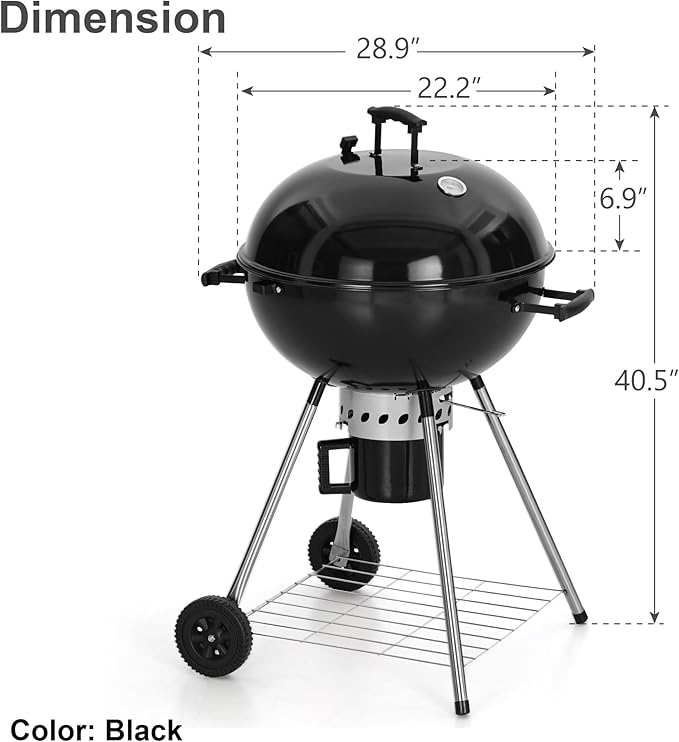 GREEN PARTY 22 inch Kettle Charcoal BBQ Grill with Wheels, Portable Charcoal Grill with Porcelain-Enameled Lid & Ash Catcher for Outdoor Cooking Barbecue Camping Picnics Tailgating, Black
