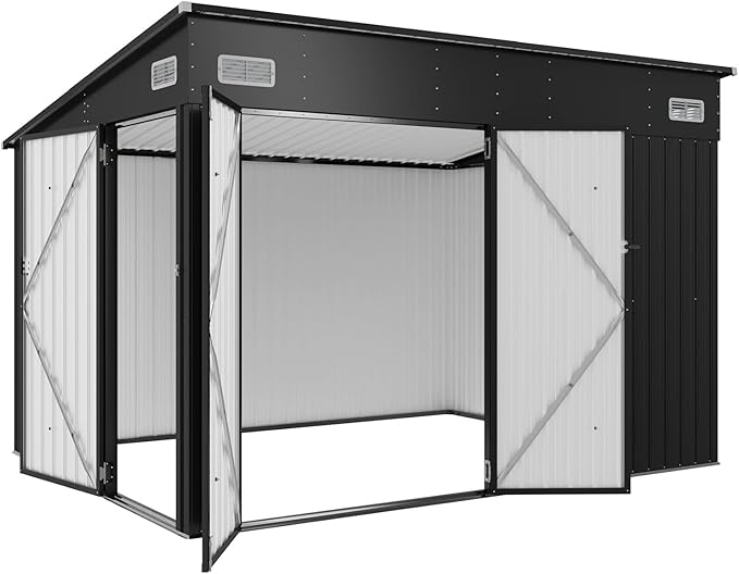Aoxun 9.5'x7.5' Triple Door Shed Outdoor Storage Shed with Three Lockable Door for Easily Accessing Metal Storage Cabinet with Slopping Roof for Tools Bicycles Storage for Garden, Backyards (Black)