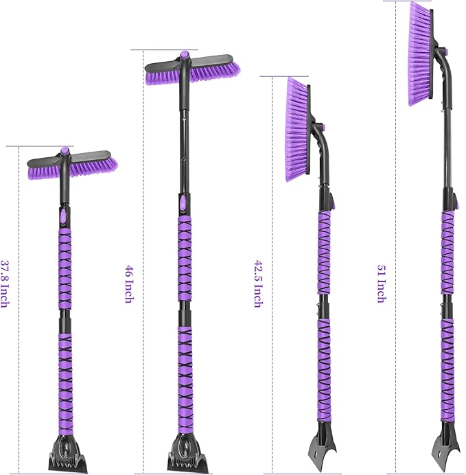 HEEYA 51 Inch Snow Brush for Trucks, Extendable Long Handle Ice Scraper with Brush with Foam Grip, SUV Heavy Duty Snow Brush with Ice Scraper for Car Auto Jeep RV Vehicle Windshield Window - Purple