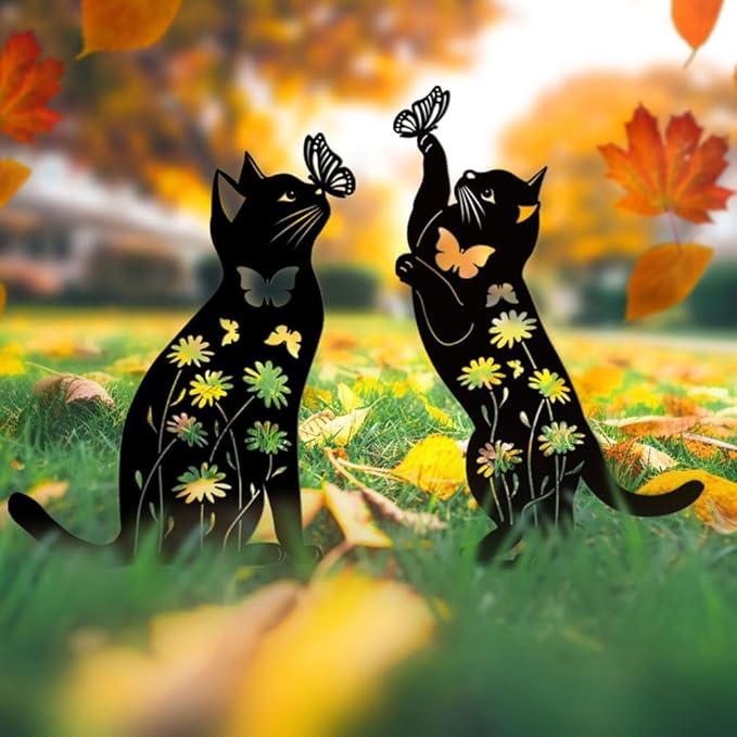 Cat Garden Decor for Outside,17” Metal Cat Decorative Garden Stakes, Gifts for Women/Men/Cats Lovers Gifts, Black Cats Silhouette Outdoor Decor, Rust Proof/Weather Resistant Kitty Yard Art