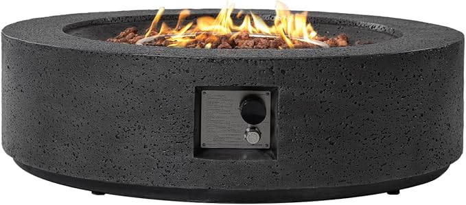 SUNBURY Outdoor Fire Pit, 42" Round Propane Gas Patio Fire Table 50,000 BTU Concrete Travertine Design, CSA Certified, Circular Base Firepit with Lava Rocks, Waterproof Cover (Grey)