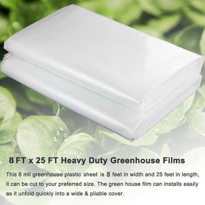 Yowlieu 8' x 25' Clear Greenhouse Plastic Sheeting, 6 Mil UV Resistant Polyethylene Greenhouse Film Hoop Green House Plastic Cover for Farms, Agriculture, Garden