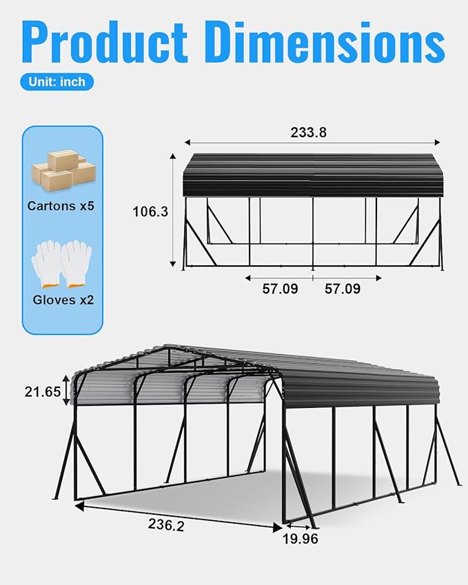 2 Car Carports 20X20 Heavy Duty, Metal Carport with Reinforced Frame & Side Support Poles for All-Weather, Large Outdoor Car Port Suitable for Parking Pickup, Boat, Car, and Tractor