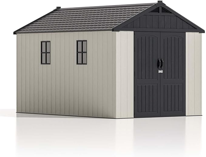 Patiowell 8 x 12 FT Plastic Outdoor Storage Shed with Floor, Resin Shed with Window and Lockable Door for Garden, Backyard, Tool Storage Use, Easy to Install in Beige (Kick-it Shed)