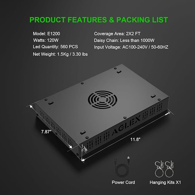 AGLEX E1200 LED Grow Light, Full Spectrum Grow Light with UV IR Diode, Grow Lights for Indoor Plants with Daisy Chain & Built-in Silent Fan, Plant Growing Lamps for 2x2 FT Coverage