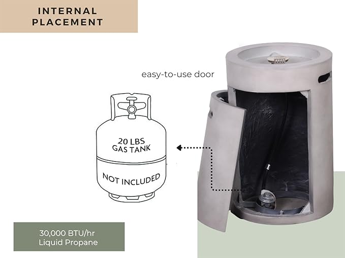 16 Inches Outdoor Round Propane Fire Pit 30,000 Btu with Lava Rocks and Weather Cover TerraFab Faux Concrete, 16” x 16” x 25”, Grey