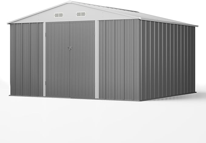 Patiowell 10' x 10' Metal Storage Shed for Outdoor, Steel Yard Shed with Design of Lockable Doors, Utility and Tool Storage for Garden, Backyard, Patio, Outside use, Grey