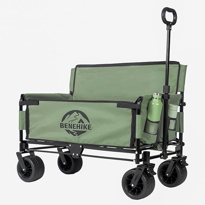 3-in-1 Large Collapsible Folding Wagon, BENEHIKE Foldable Beach Wagon with Rotated Wheels, 500lbs/225L Outdoor Utility Wagon Convert to Bench for Sand, Groceries, Camping, Sports, Shopping (Green)