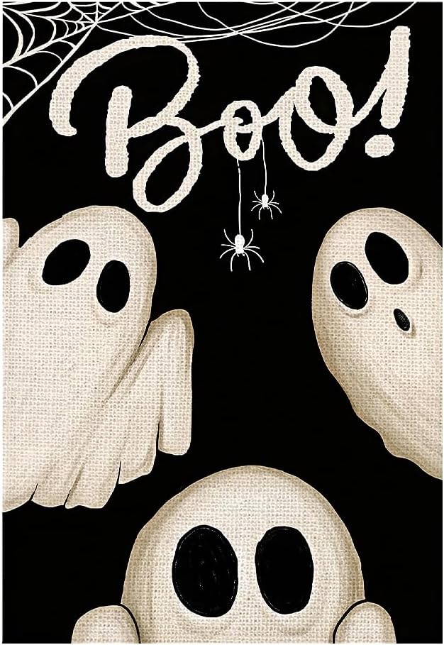 Spooky Ghost Boo Garden Flags for Outside 12x18 Inch Double Sided Burlap, Welcome Sign Halloween Small Flag Banner Farmhouse Holiday Yard Lawn Outdoor Decorations DF878