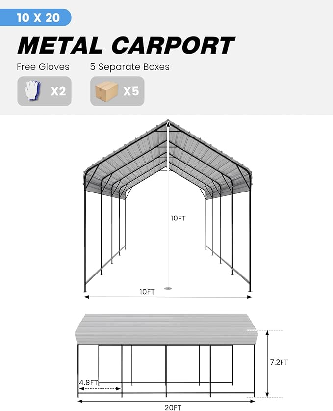 10'x20'x10' Heavy Duty Metal Carport, Steel Carports with Galvanized Steel Frame and Roof, Metal Carport Shelter for Boats, SUVs and Trucks