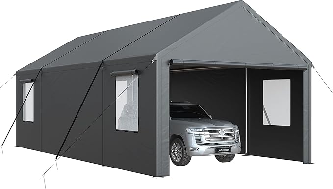 Polar Aurora Carport 20x20 FT, Heavy Duty Car Port Canopy, with 2 Side-Opening Door & Roll-Up Windows, Outdoor Portable Garage for Car, Truck, Boat, Motorcycle